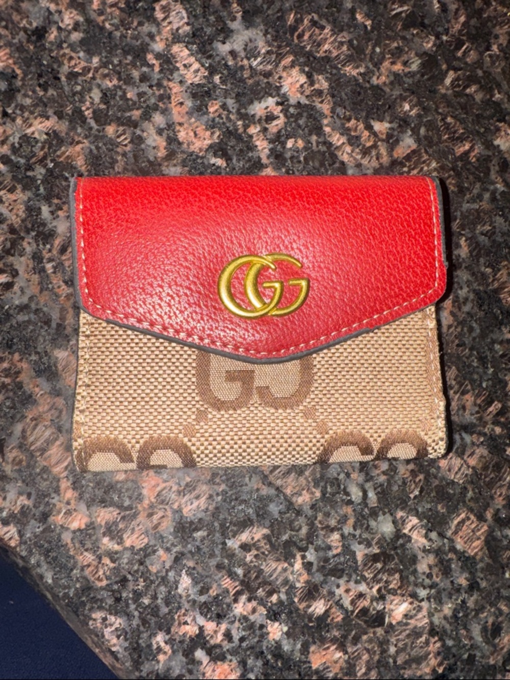 Red Leather and Beige GG Canvas Card Holder with Gold Double G